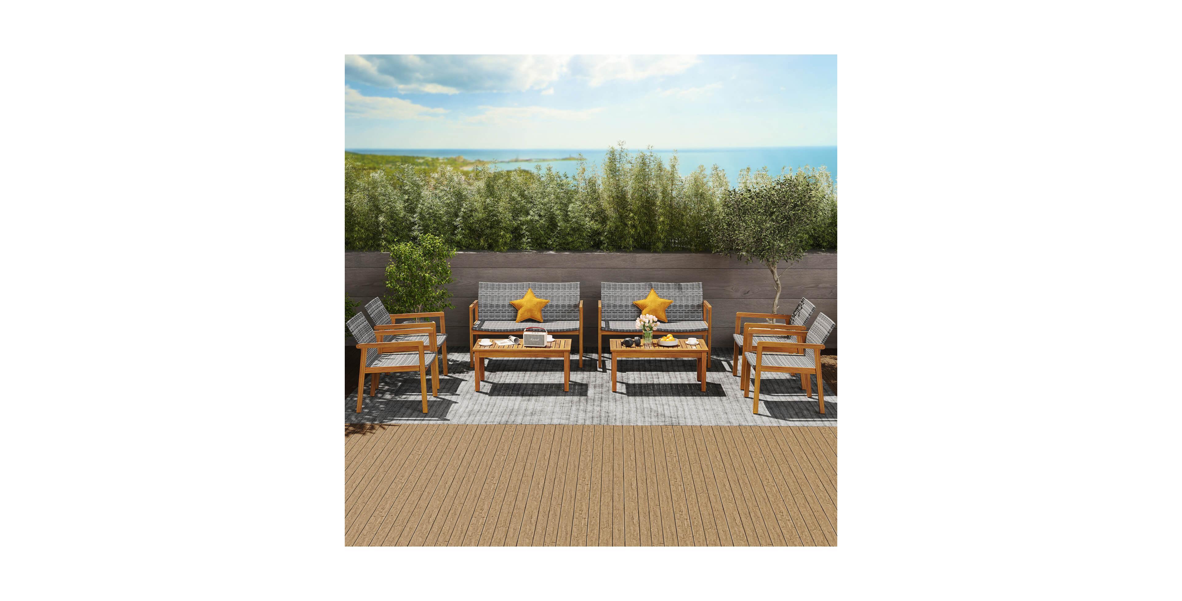 Costway 8 Pieces Outdoor Furniture Set, Acacia Wood Frame Sofa Set with Rattan Seat