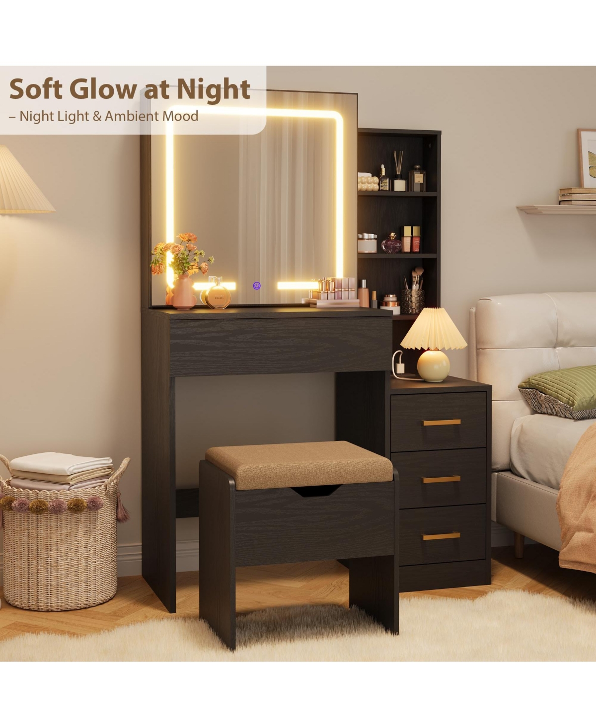 gaomon Vanity Desk with Sliding Mirror and Lights, Modern Makeup Table 4 Drawers 7 Storage Shelves