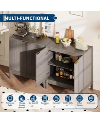 31.5" Fluted Storage Cabinet with Gold Handles, Adjustable Shelf, Oak Finish Credenza for Dining Room & Home Organization