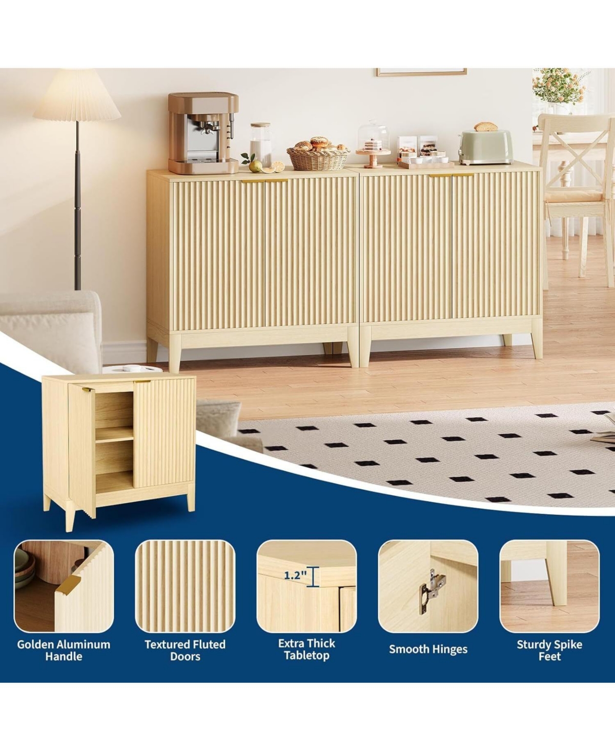 gaomon 31.5" Fluted Storage Cabinet with Gold Handles, Adjustable Shelf, Oak Finish Credenza for Dining Room & Home Organization