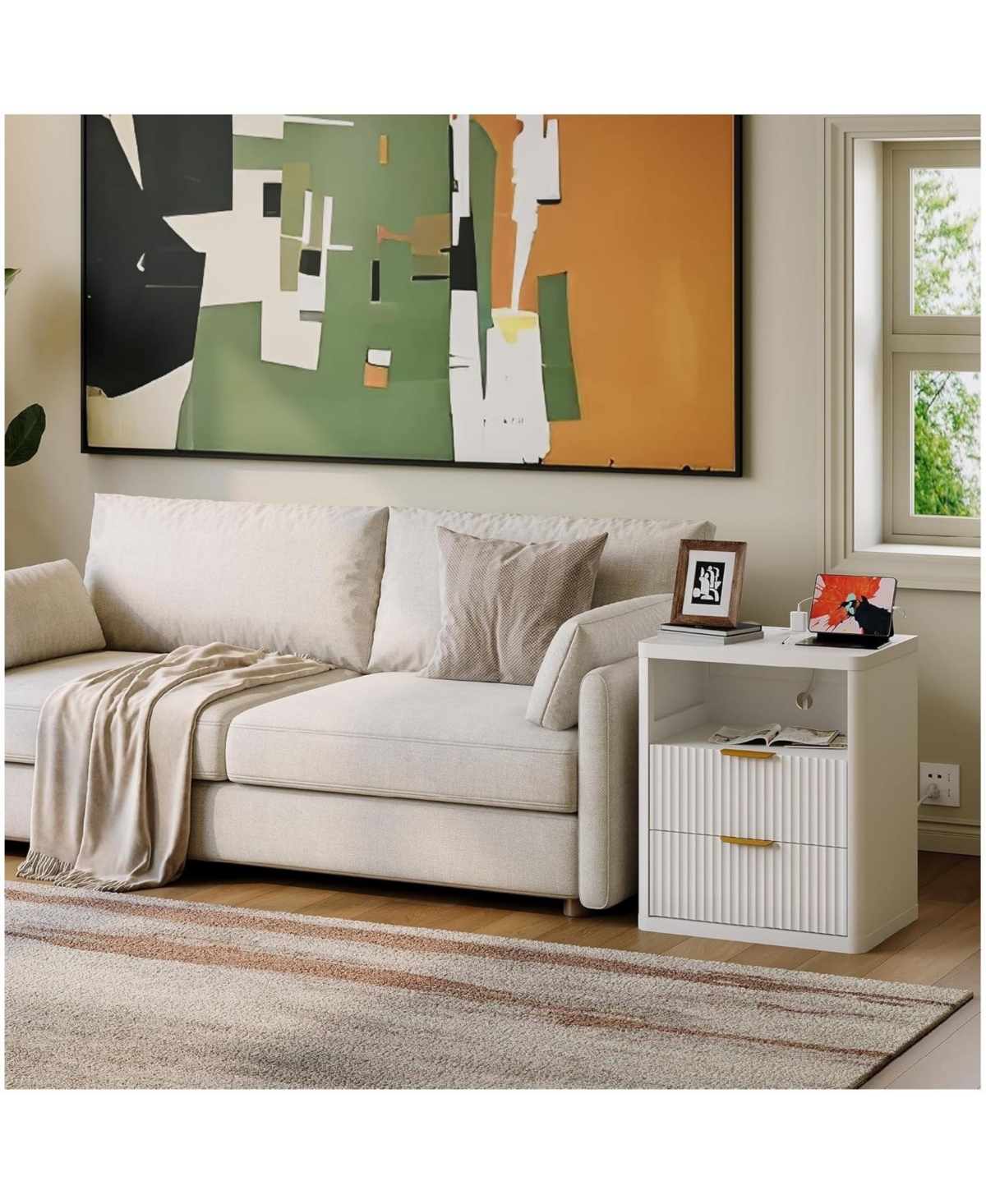 gaomon Fluted Nightstand Set of 2, Bedside Table Built-in Charging Station, Featuring 2 Drawer & Open Storage Space, Mid Century Modern Night Stand