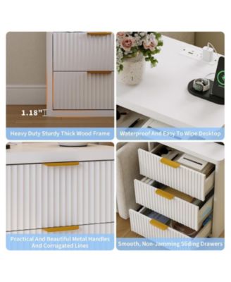 Fluted Nightstand with Charging Station, Bedside Table with 3 Drawers and Open Storage Space, Mid Century Modern End Table,