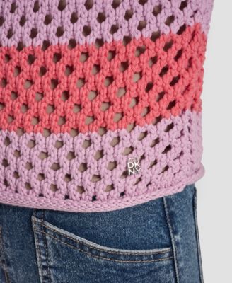 Women's Short-Sleeve Raglan Stripe Pointelle Pull-On Sweater