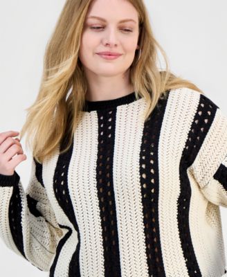 Trendy Plus Size Pointelle Stripe Crewneck Sweater