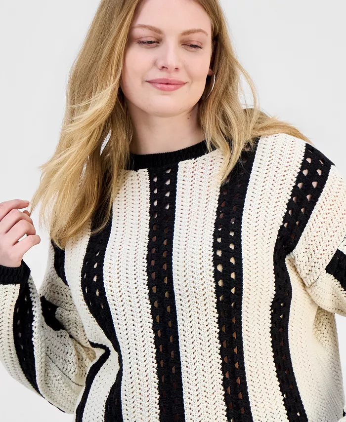 Trendy Plus Size Pointelle Stripe Crewneck Sweater - thumbnail 3