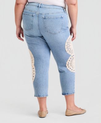 Trendy Plus Size Crochet-Trim High Rise Cropped Jeans
