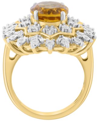 Citrine (3-1/8 ct. t.w.) and Diamond Ring (1/4 ct. t.w.) in 14k Yellow Gold Over Silver