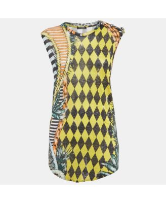 Women's Vintage Multicolor Printed Linen Knit Buttoned Detail Tank Top