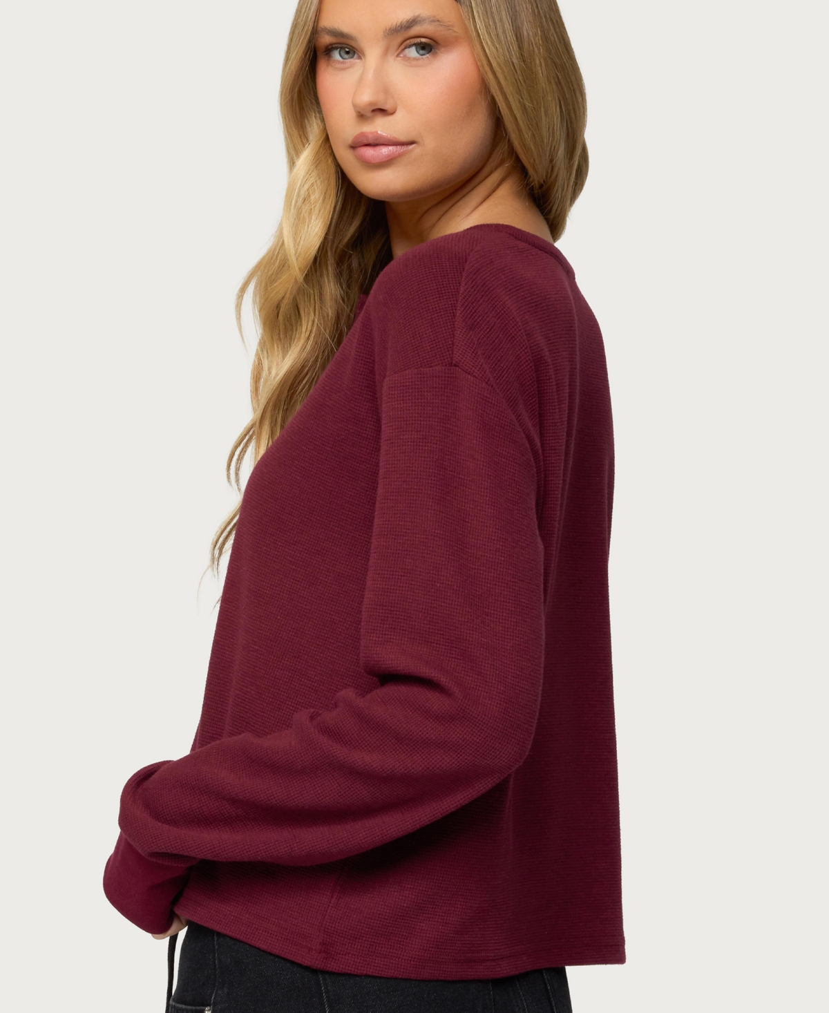 Edikted Women's Deni Long Sleeve Henley Waffle Top