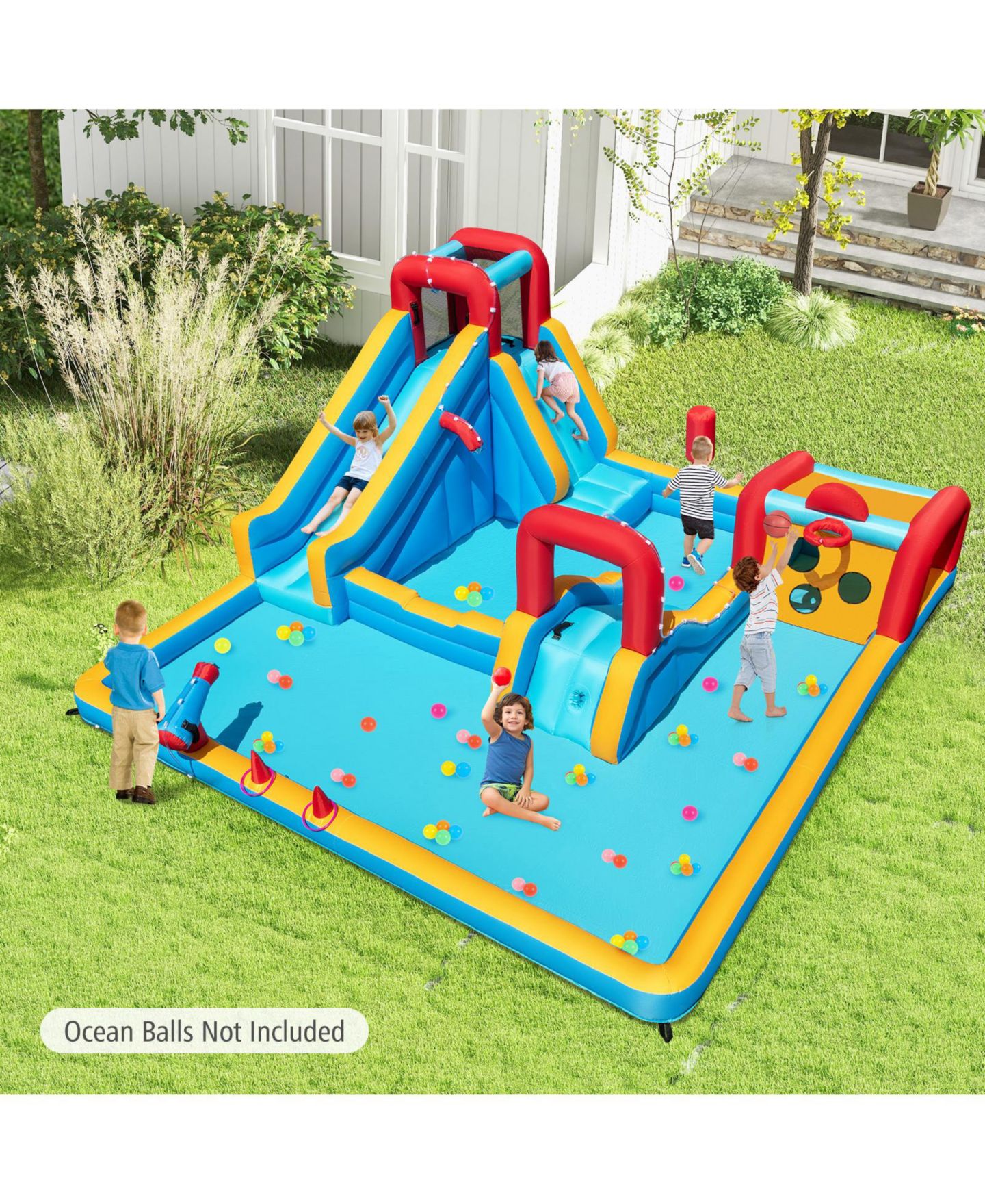 Детская игрушка SKONYON Double Water Slide Park 9-in-1 Water Slide Bounce House, Ages 3-10, цвет: Синий — фото 8
