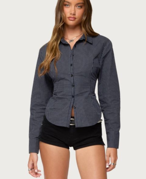Женская рубашка Edikted Lisbet Checkered Button Up, цвет: Тёмно-синий