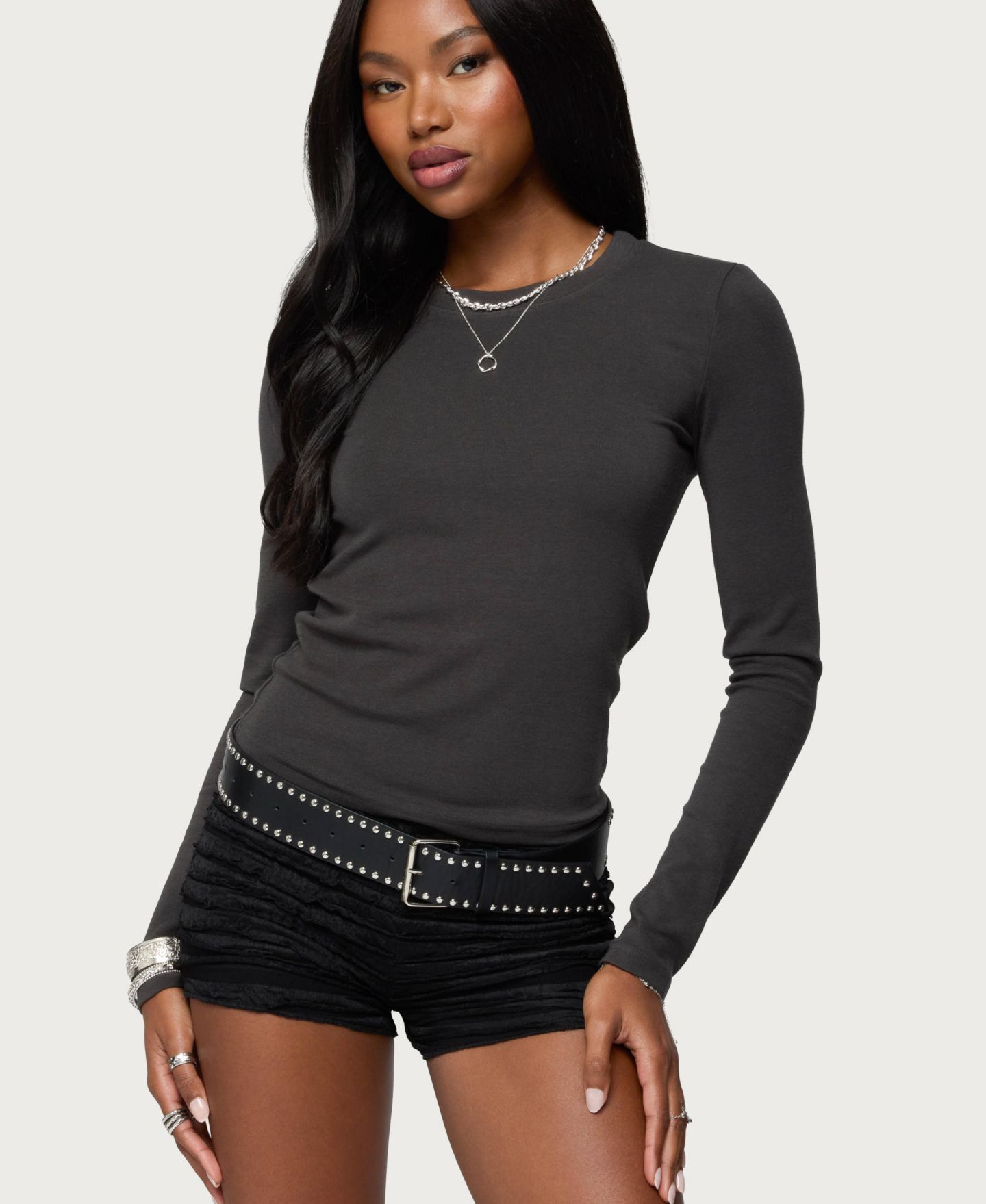 Женская футболка Edikted Daphne Ribbed Long Sleeve, цвет: Тёмный серый — фото 1