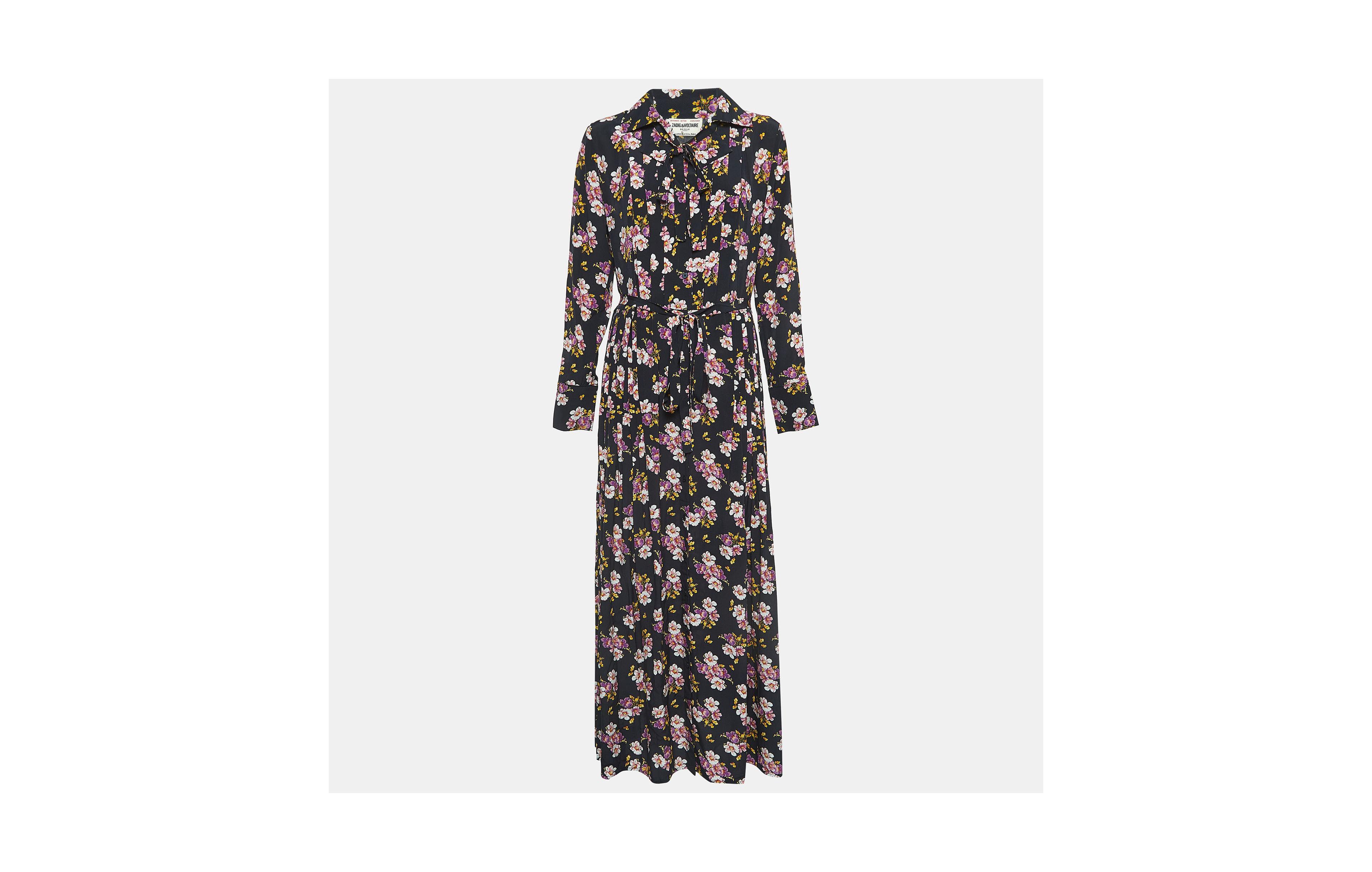Pre-Owned Zadig & Voltaire Women's Pre-Owned Zadig and Voltaire Black Floral Print Silk Pleated Button Front Maxi Dress