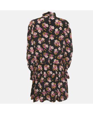 Women's Black Floral Print Silk Pleated Rabbi Peonies Show Short Dress
