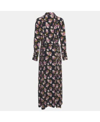 Women's Black Floral Print Silk Pleated Button Front Maxi Dress
