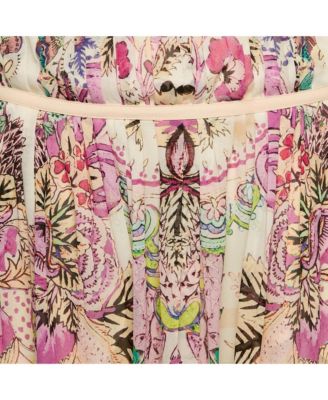 Women's Pink Floral Print Silk Pleated Mini Skirt