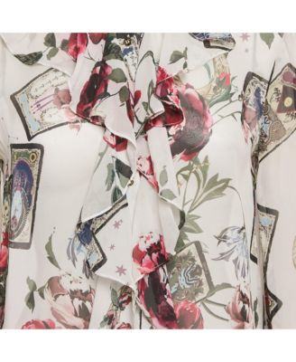 Women's White Printed Silk Chiffon Ruffled Sheer Top