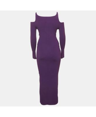 Women's Purple Knit Cut Shoulder Frayed Detail Bodycon Dress
