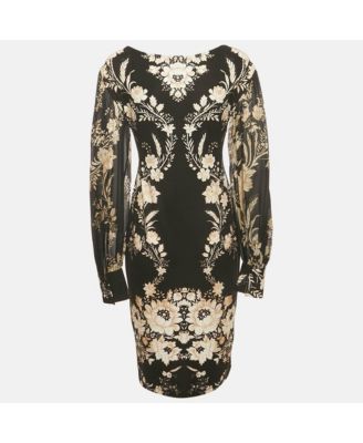 Women's Black Floral Print Jersey Ruche Neck Short Dress