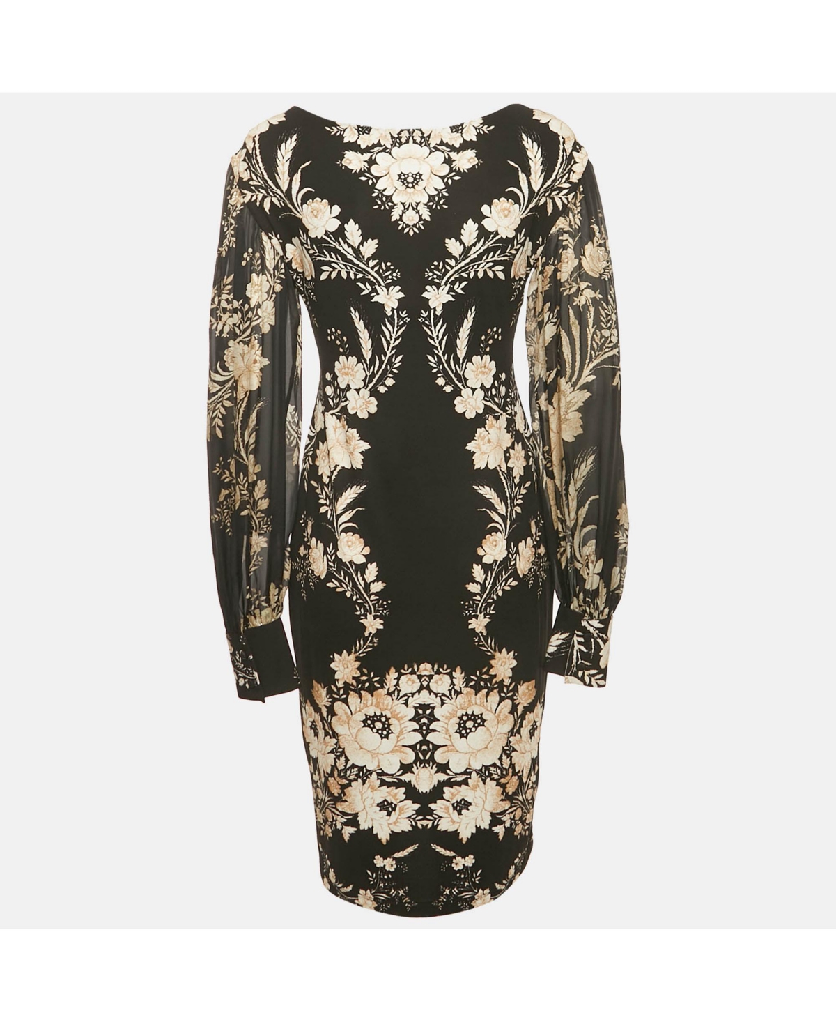 Pre-Owned Roberto Cavalli Women's Black Floral Print Jersey Ruche Neck Short Dress