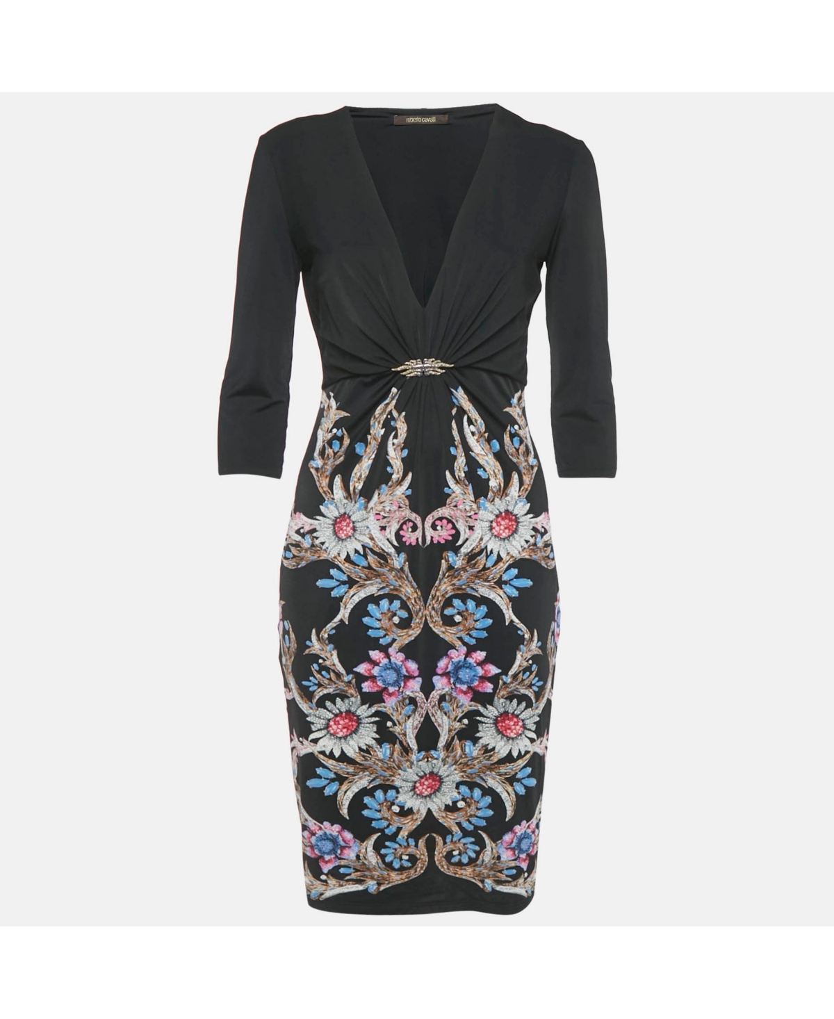 Pre-Owned Roberto Cavalli Women's Black Printed Jersey Short Dress