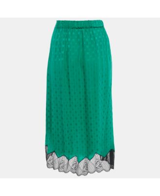 Women's Green Patterned Silk Lace Trim Joslin Midi Skirt