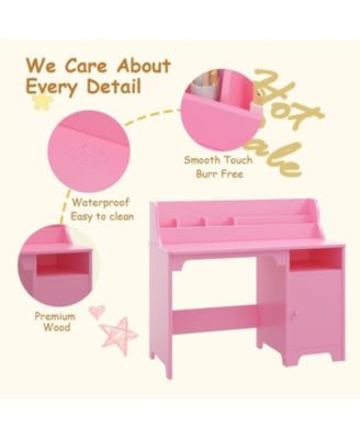 kids desk and chair set with hutch and storage cabinet, wooden study table for boys and girls, ideal for writing, computer work, and learning.