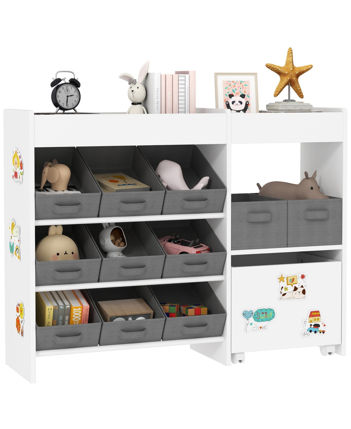 Qaba Toy Storage Organizer with 11 Fabric Bins, Moveable Cabinet