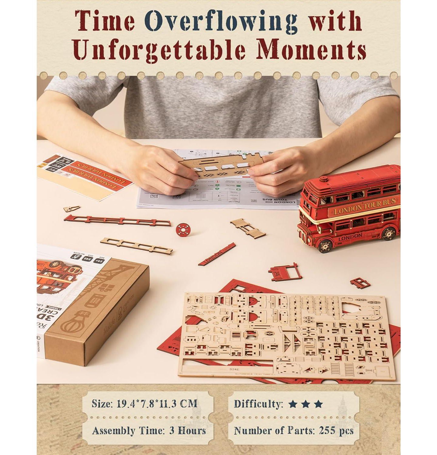 Детский пазл Robotime London Tour Bus 3D Wood 255-Piece Puzzle, Ages 14+ — фото 4