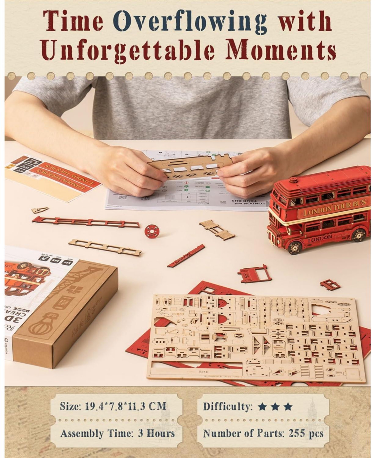 Robotime 3D Puzzles London Tour Bus Car Model Toy Crafts Construction Gifts for Boys Girls Adults