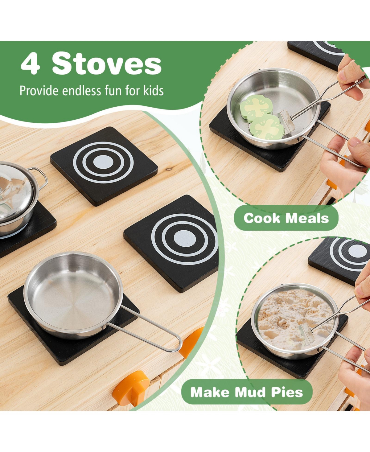 Hongge Outdoor Wooden Mud Kitchen Playset with Sink, Stove, and Canopy - Natural