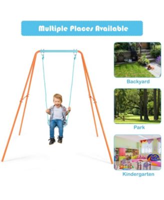 Outdoor Kids Swing Set with Heavy-Duty Metal A-Frame and Ground Stakes-Orange