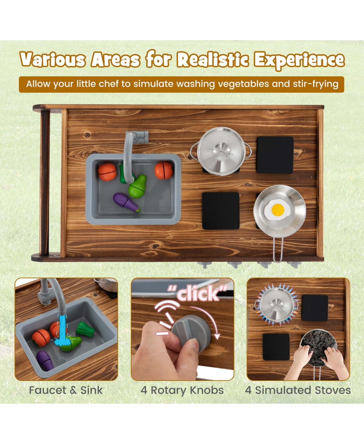 Skonyon Outdoor Movable Mud Kitchen with 2 Rolling Wheels and 1 Push Handle