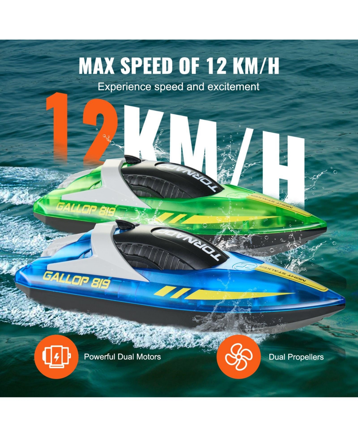 Mecale Rc Boat 2 Pack, 2.4GHz 12 km/h Racing Boats with Led Lights, 4 Batteries, Waterproof for Pools & Lakes, Gifts for Kids & Adults