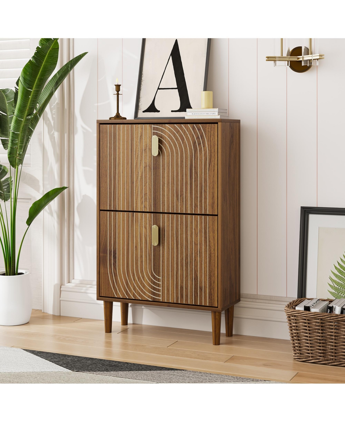 sumyeg Modern Storage Cabinet With Shoe Cabinet with 2 Gold Flip Drawers