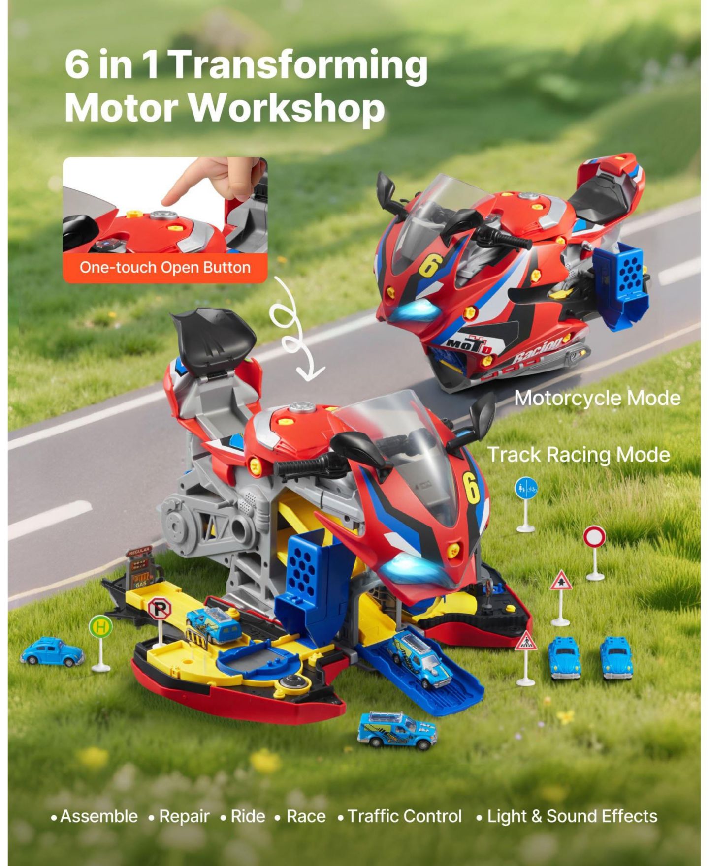 Детский игровой набор Mecale Motorcycle Engine Lights & Sounds 25-Piece Playset, Ages 3+, цвет: Красный — фото 7