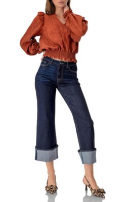 Women's V-Neck Smocked Blouse with Ruffle Sleeves