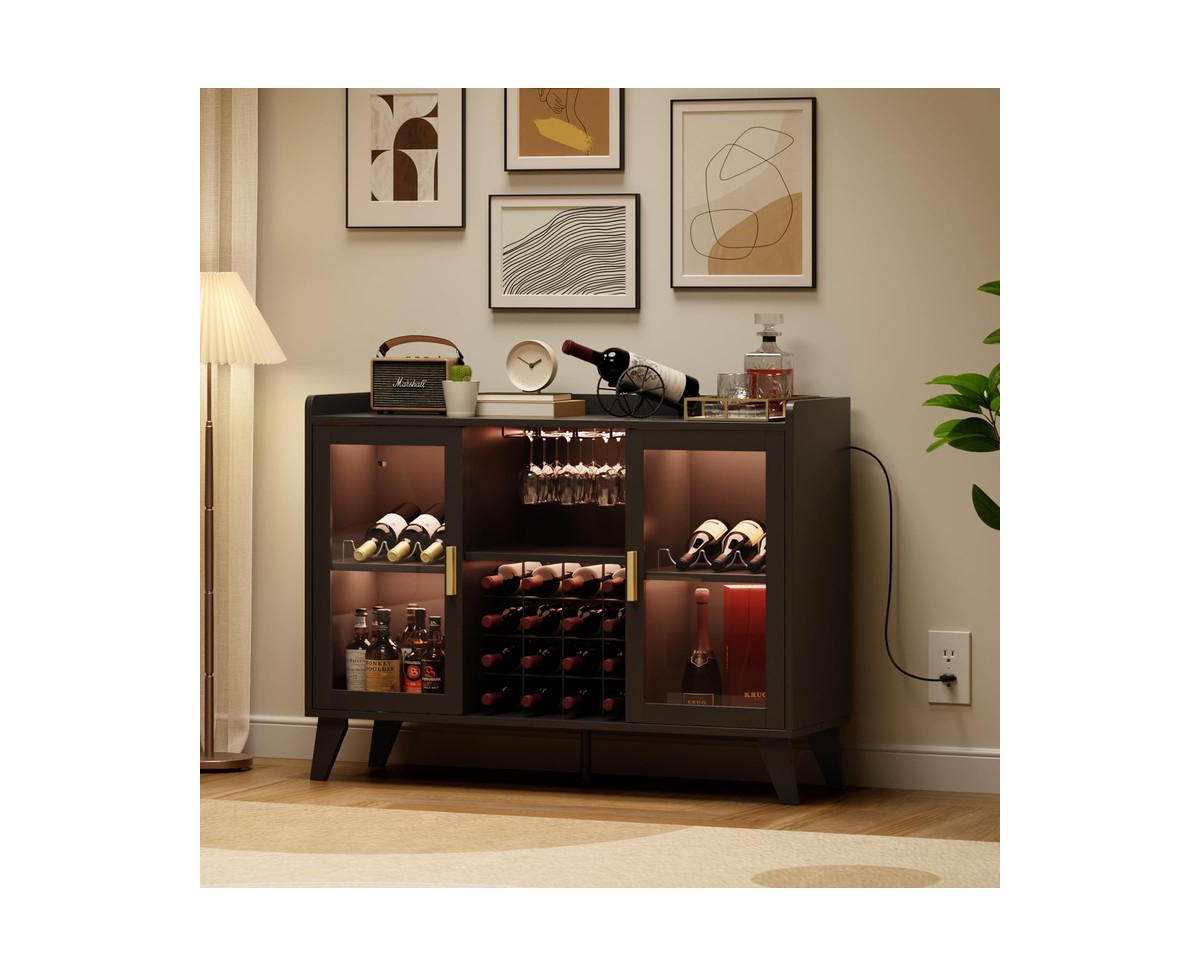 gaomon Farmhouse Wine Bar Cabinet With Led Lights, Home Coffee Bar Cabinet With Wine Racks and Glass Holders