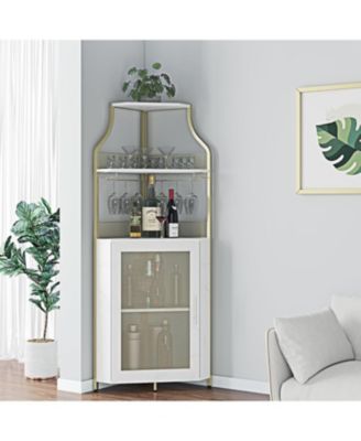 Farmhouse Wine Bar Corner Cabinet with Detachable Rack, Mesh Door, Glass Rack, and Storage for Kitchen and Dining Room,Gold