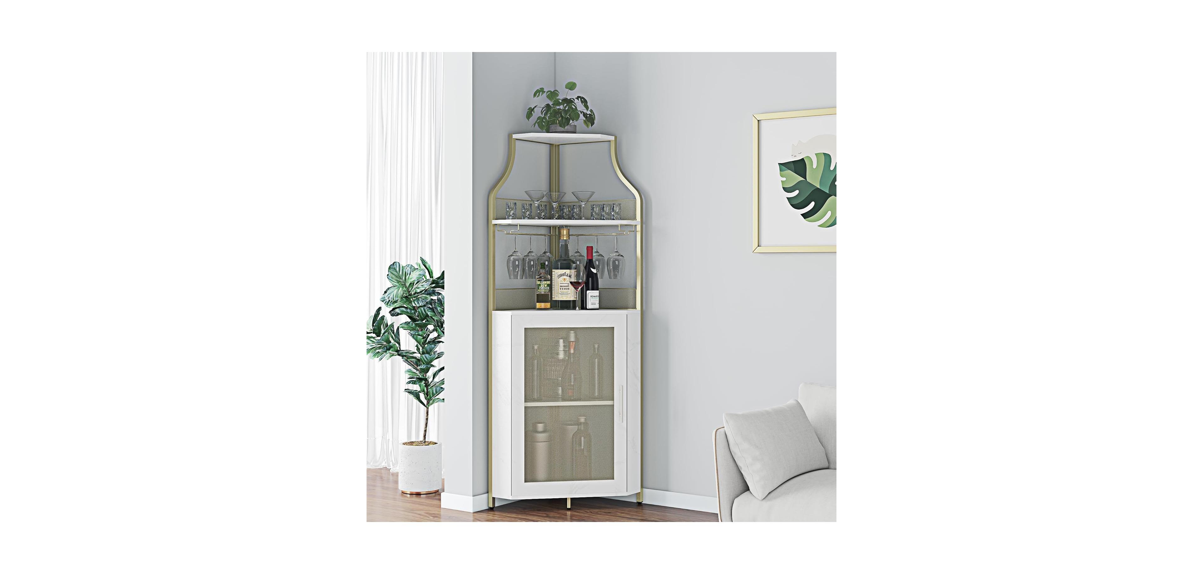 gaomon Farmhouse Wine Bar Corner Cabinet with Detachable Rack, Mesh Door, Glass Rack, and Storage for Kitchen and Dining Room,Gold