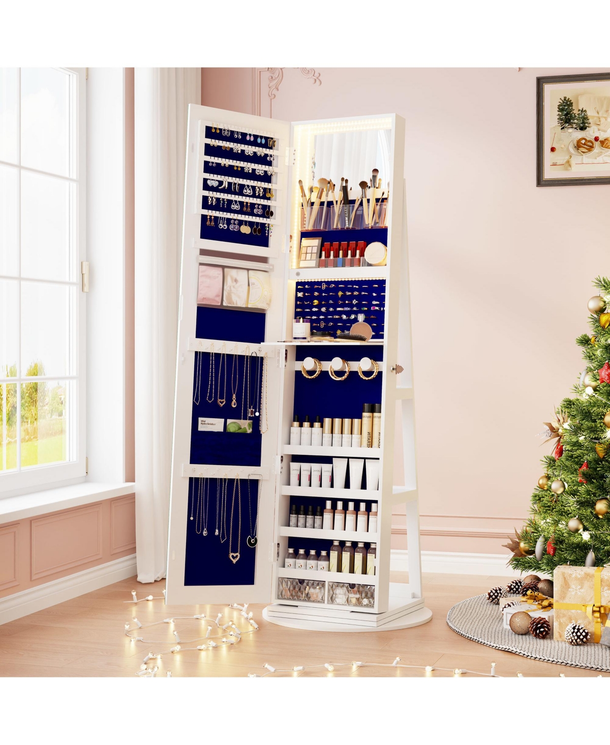 Vlsrka 360-degree Rotatable Floor Standing Full-Length Jewelry Armoire