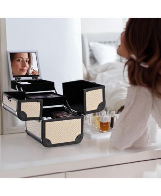 Makeup Train Case with Mirror Cosmetic Box Organizer Art Deco Pastel