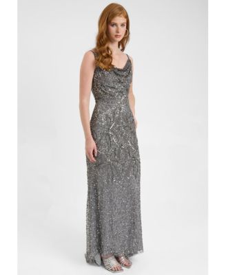 Women's Embellished Sequin Beaded Maxi Dress With Cowl Neck