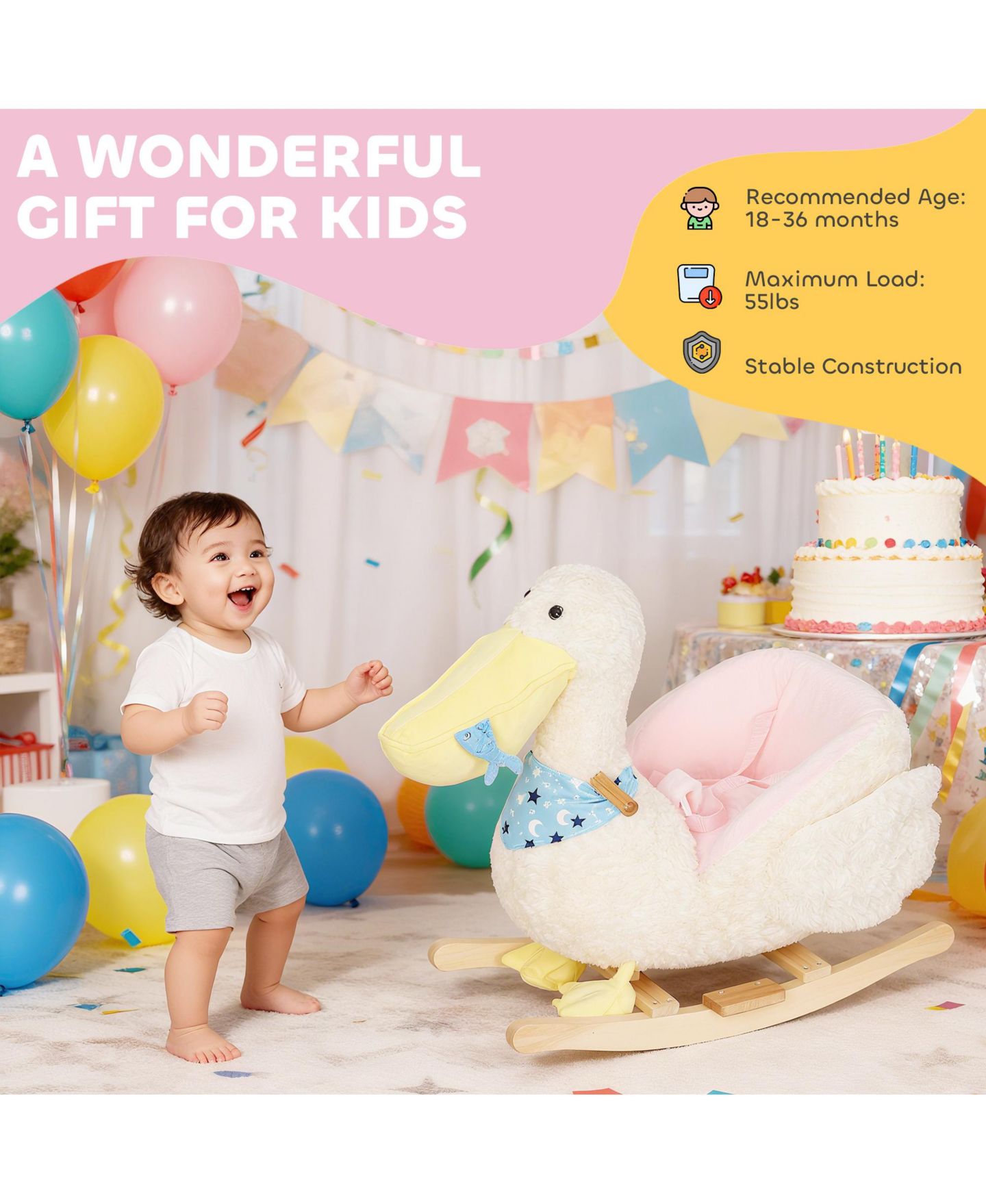 Детская игрушка Qaba Pelican Plush Rocking Horse with Duck Sounds, Holds up to 55 lbs., Ages 12+ Months, цвет: Белый — фото 9