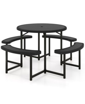 Round Picnic Table Set with 4 Benches and Umbrella Hole