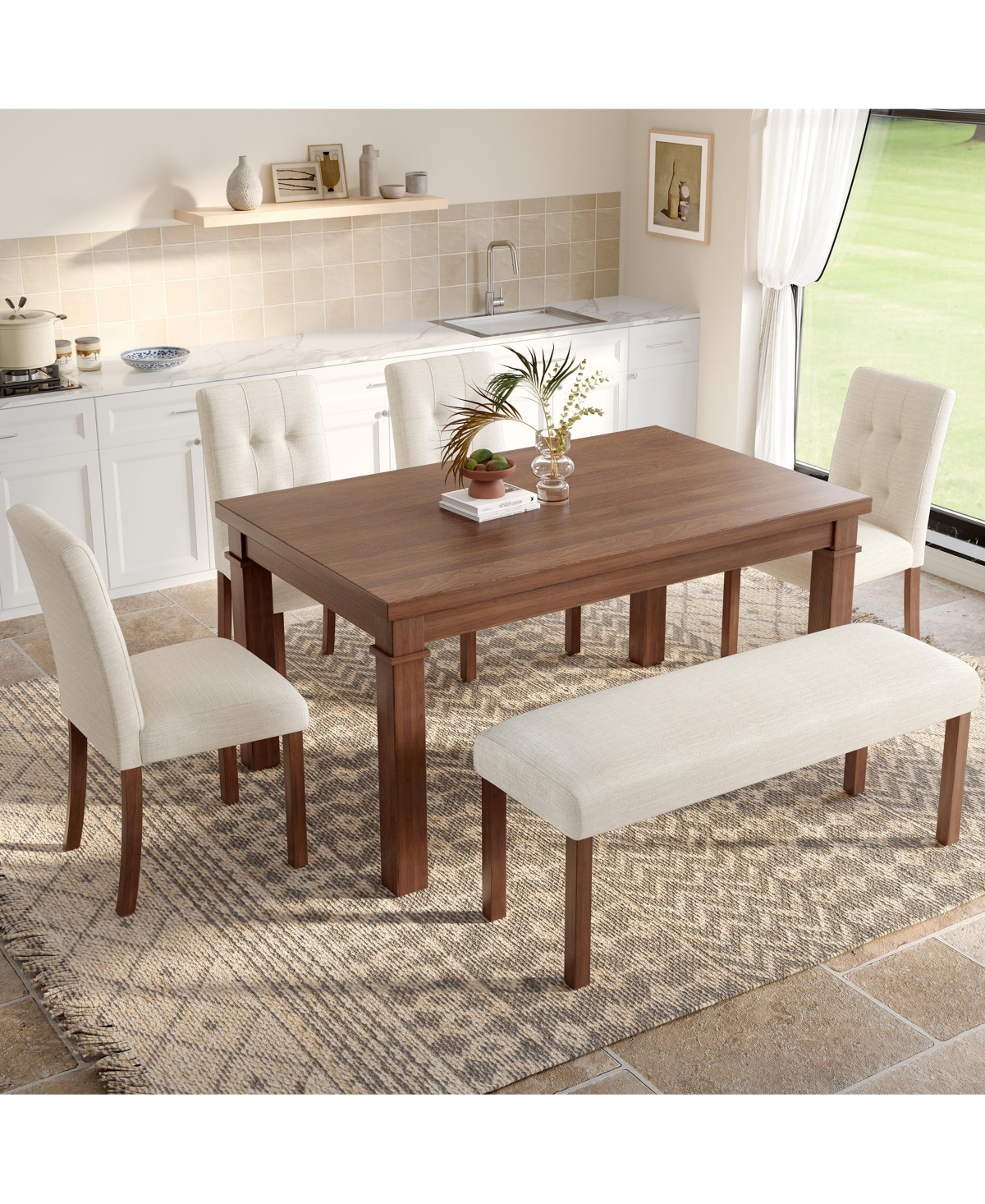sumyeg 6-Piece Modern Dining Set with Rectangle Kitchen Table 4 Upholstered Chairs and Bench