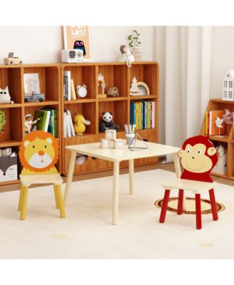 3-Piece Kids Table and Chair Set with Lion and Monkey Theme in Natural