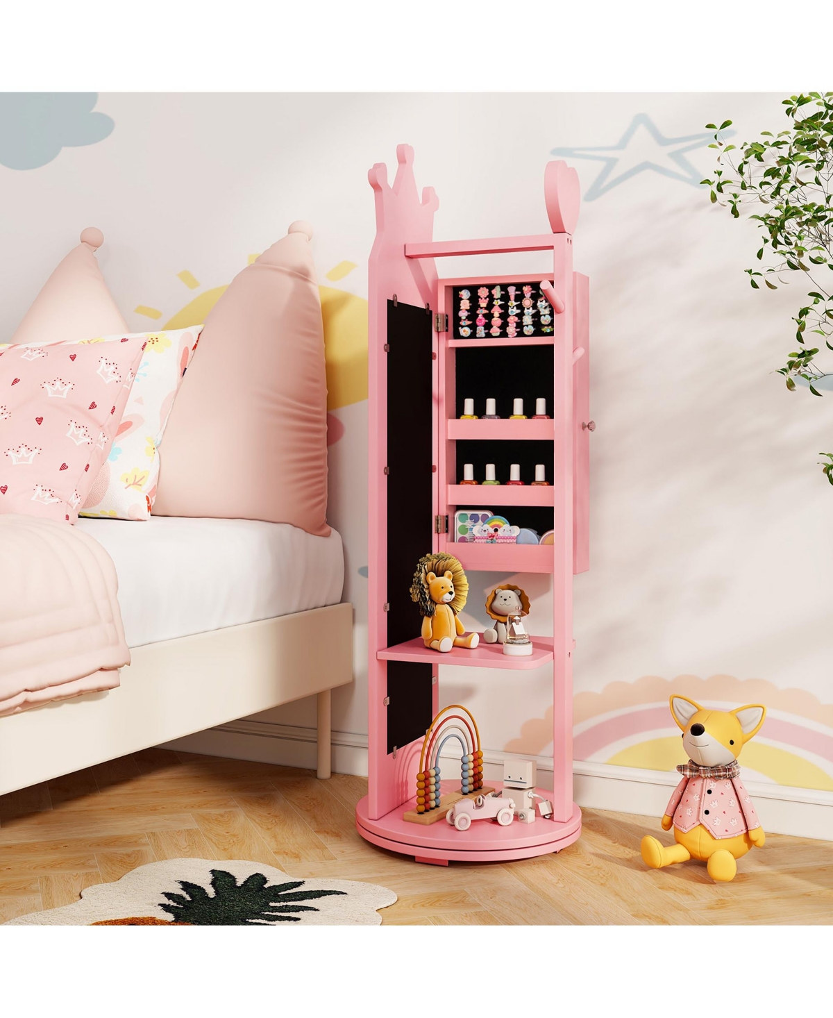 Gymax Kids Vanity Set Princess Makeup Dressing Table &Chair Set w/ Coat Rack