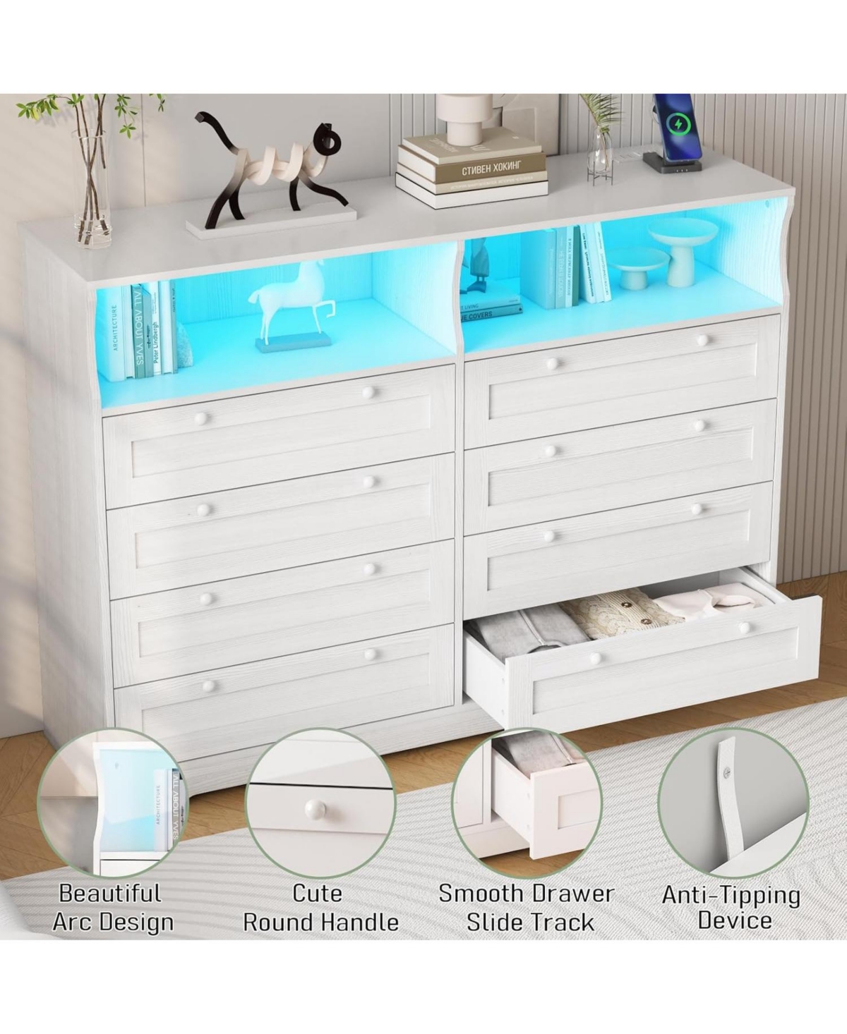 Gaomon 8 Drawers Wooden Dressers with Led Lights and Power Outlet for Bedroom