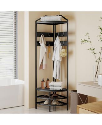 Corner Hall Tree, Coat Rack with Shoe Storage, Hooks, Shelves